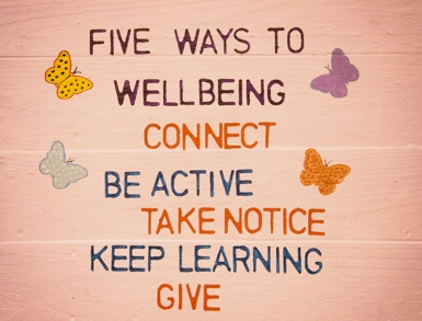 Inage including the 5 ways to wellbeing, as listed in the text below